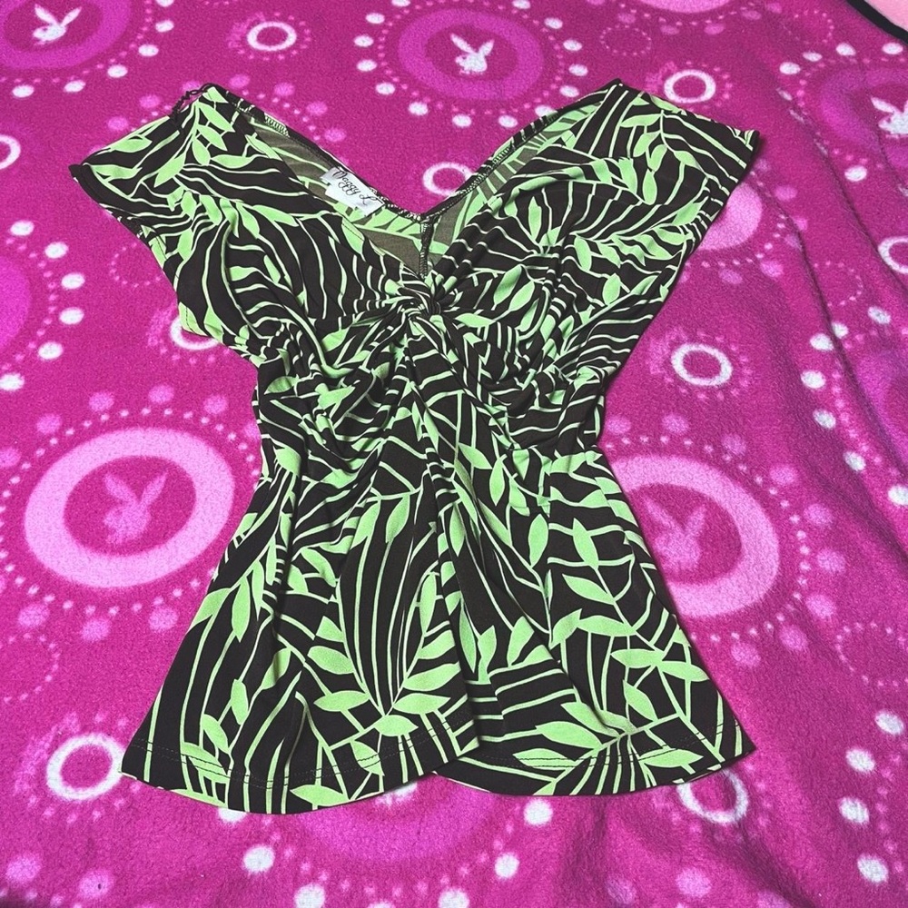 Deep V Neck Green Black Blouse Maggy London Y2K Size 6